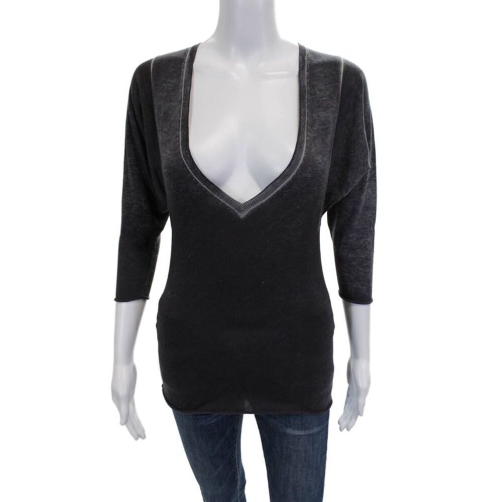 COOP Womens Basic V-Neck Gray Cotton 3/4 Sleeve T-Shirt Size XS